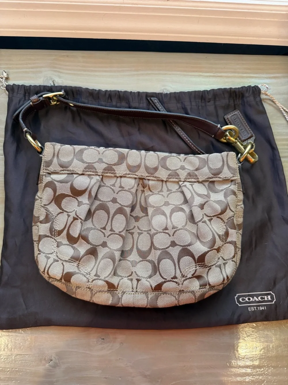 Coach Khaki and Brown Signature Shoulder Bag - Picture 1 of 10